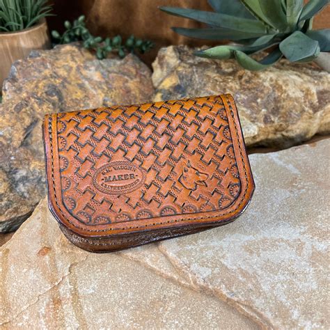 hand tooled leather business card holder|affordable personalized card holder.